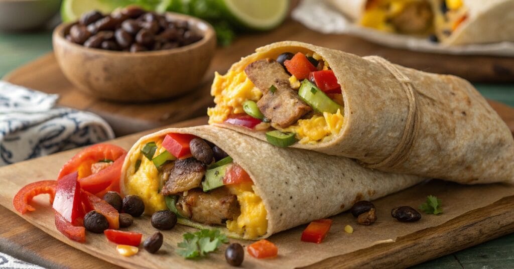Close-up of a high protein breakfast burrito stuffed with eggs, sausage, and cheese