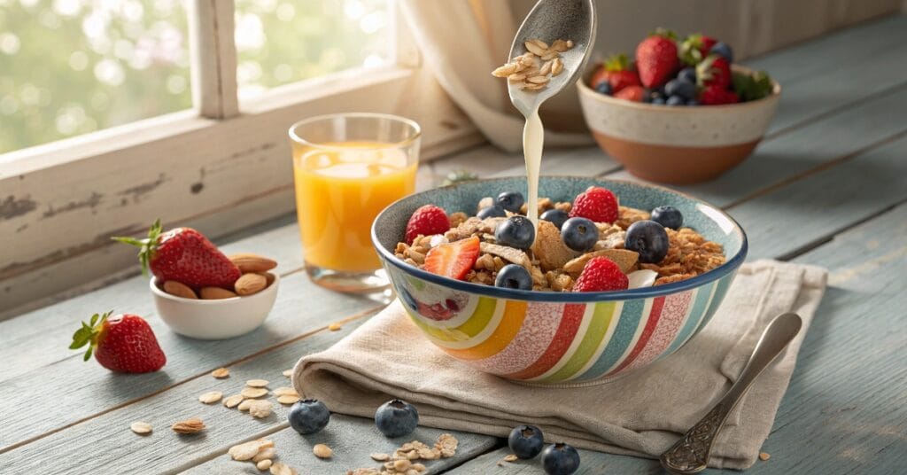 Vibrant bowl of high protein breakfast cereal with berries and almonds